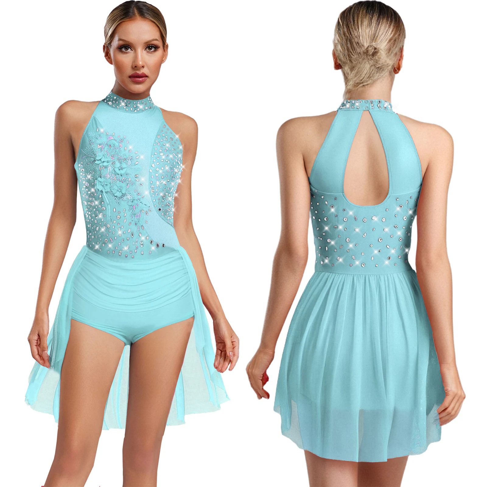 Combinaison une pièce de gymnastique latine pour femmes, body de danse avec appliques, strass scintillants au dos, justaucorps ajouré, jupe irrégulière