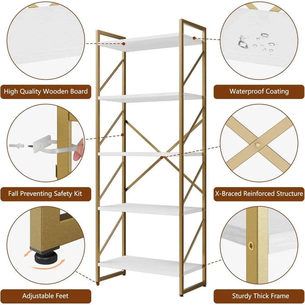 Scaffale per libreria alto a 5 livelli, scaffale per libri industriale, supporto per libri moderno per camera da letto/soggiorno/casa