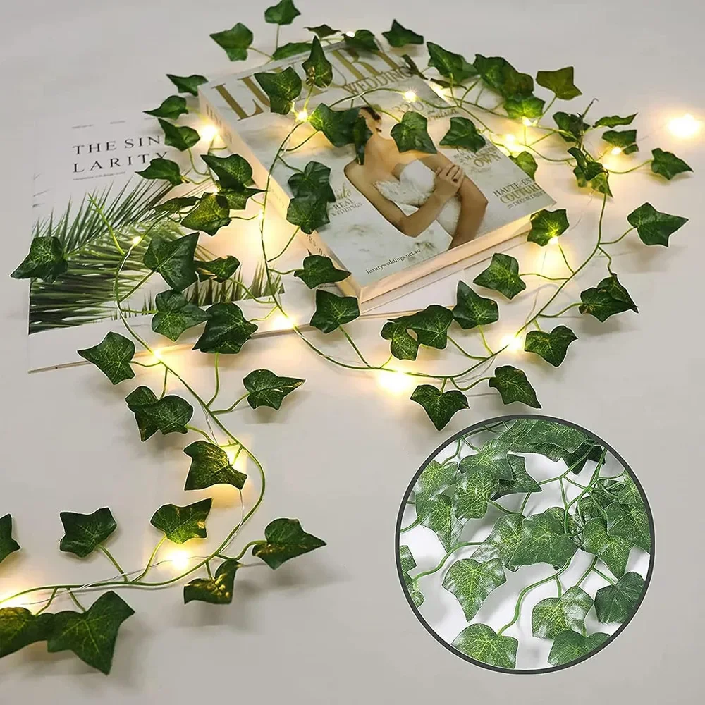 Luci a corda con foglie verdi a forma di fiore Lucine a vite artificiale Luci a ghirlanda per albero alimentate a batteria per la decorazione domestica del diserbo