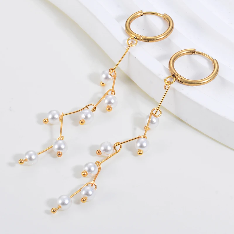 

1 Pair Classic Imitation Pearl Long Earrings for Women Female Exquisite Elegant Stainless Steel Waterproof Drop Earring Gifts