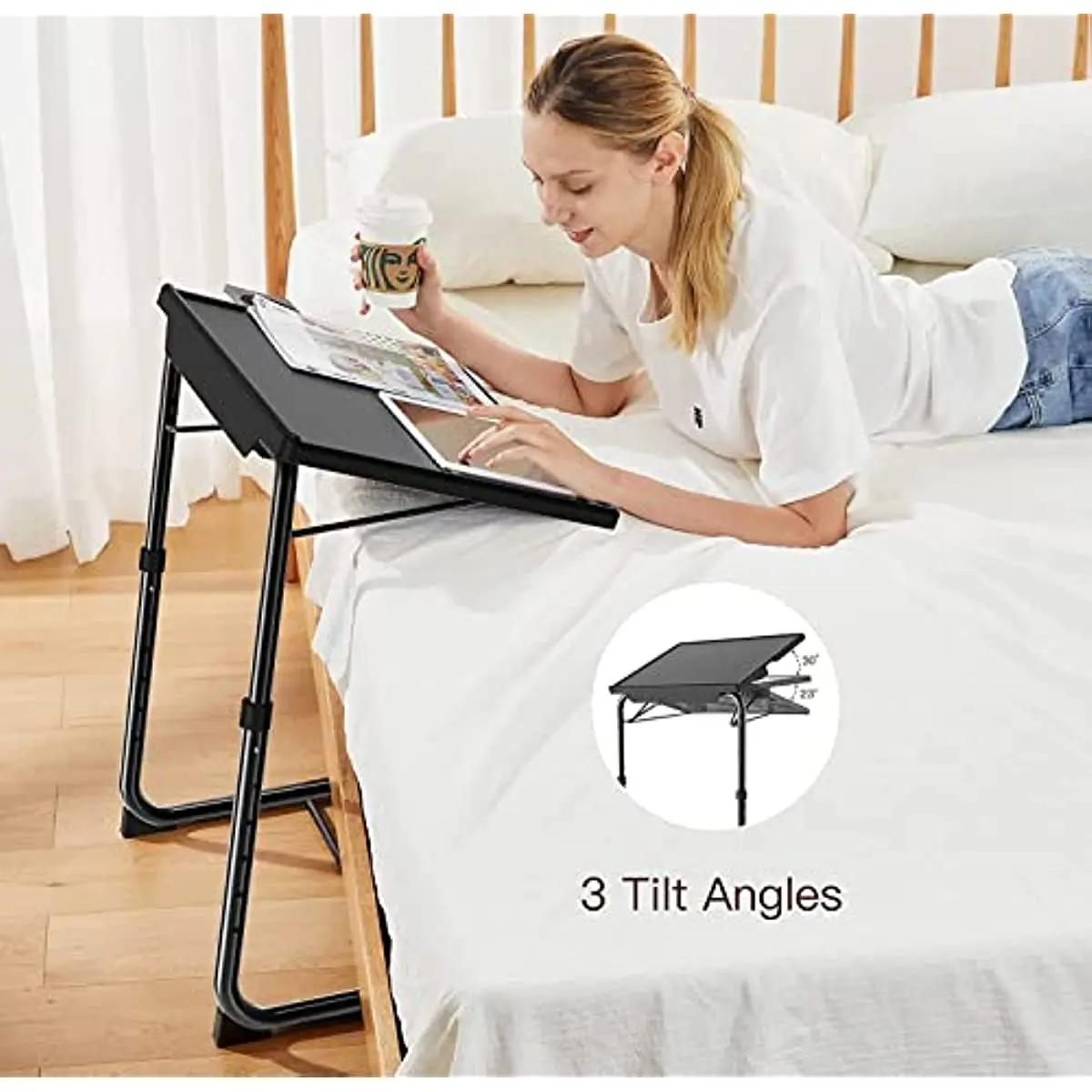 Adjustable TV Tray Table - TV Dinner Tray on Bed & Sofa, Comfortable Folding Table with 6 Height & 3 Tilt Angle Adjustments (Bla