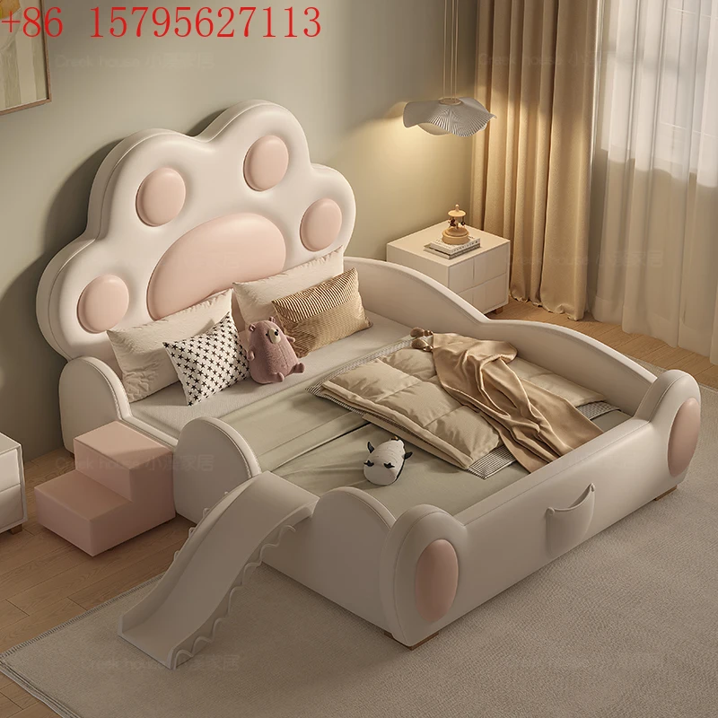 Princess Style Guardrail Bed Dream Castle Cute Cat Paw Design Solid Wood Slat Soft Backrest Bed End Small Storage Bag Leather
