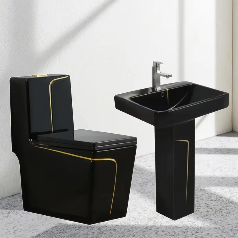 

Luxury Black and Gold Bathroom Toilet Modern Square Sanitary Ware WC Ceramic Toilet Sink Set