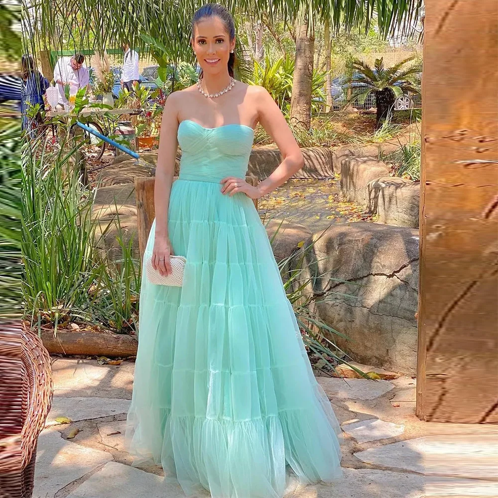 

Sevintage Mint Green Tulle Prom Dresses Sweetheart Sleeveless Saudi Arabic A-Line Pleat Ruched Evening Gown Celebrity Dress