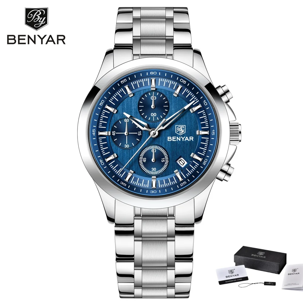 

Мужские наручные часы BENYAR 5210 Fashion Quartz с кожаным ремешком из нержавеющей стали, автоматической датой, многофункциональные, водонепроницаемые.
