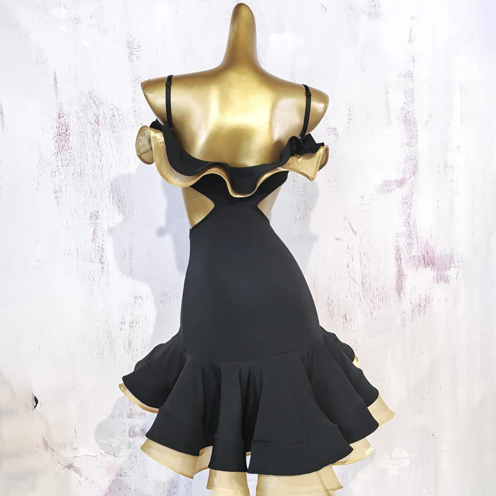 Rumba Latin Dance Competition Black Sexy Dance Suit Sleeveless Fish Bone Ruffled Samba New Sling Performance Dress view 6
