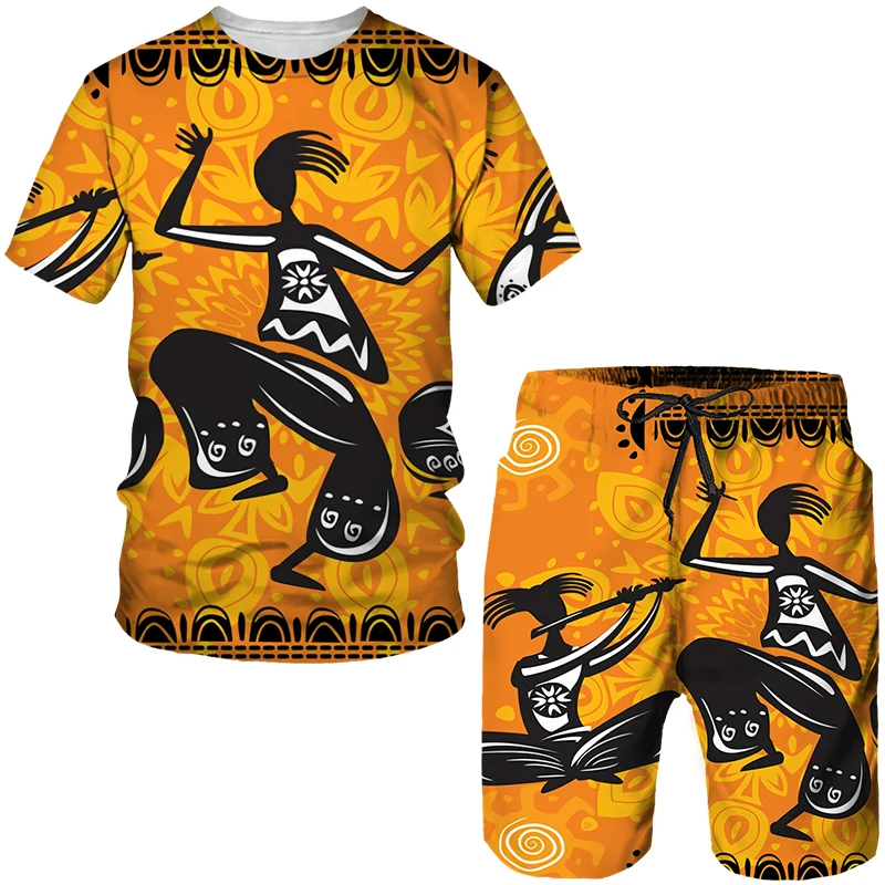 Men's Colorful African Folk-Custom 3D Print T-shirt Shorts 2pcs Suits Dashiki Ethnic Tracksuit Set for Men Sportwear Y2k Clothes