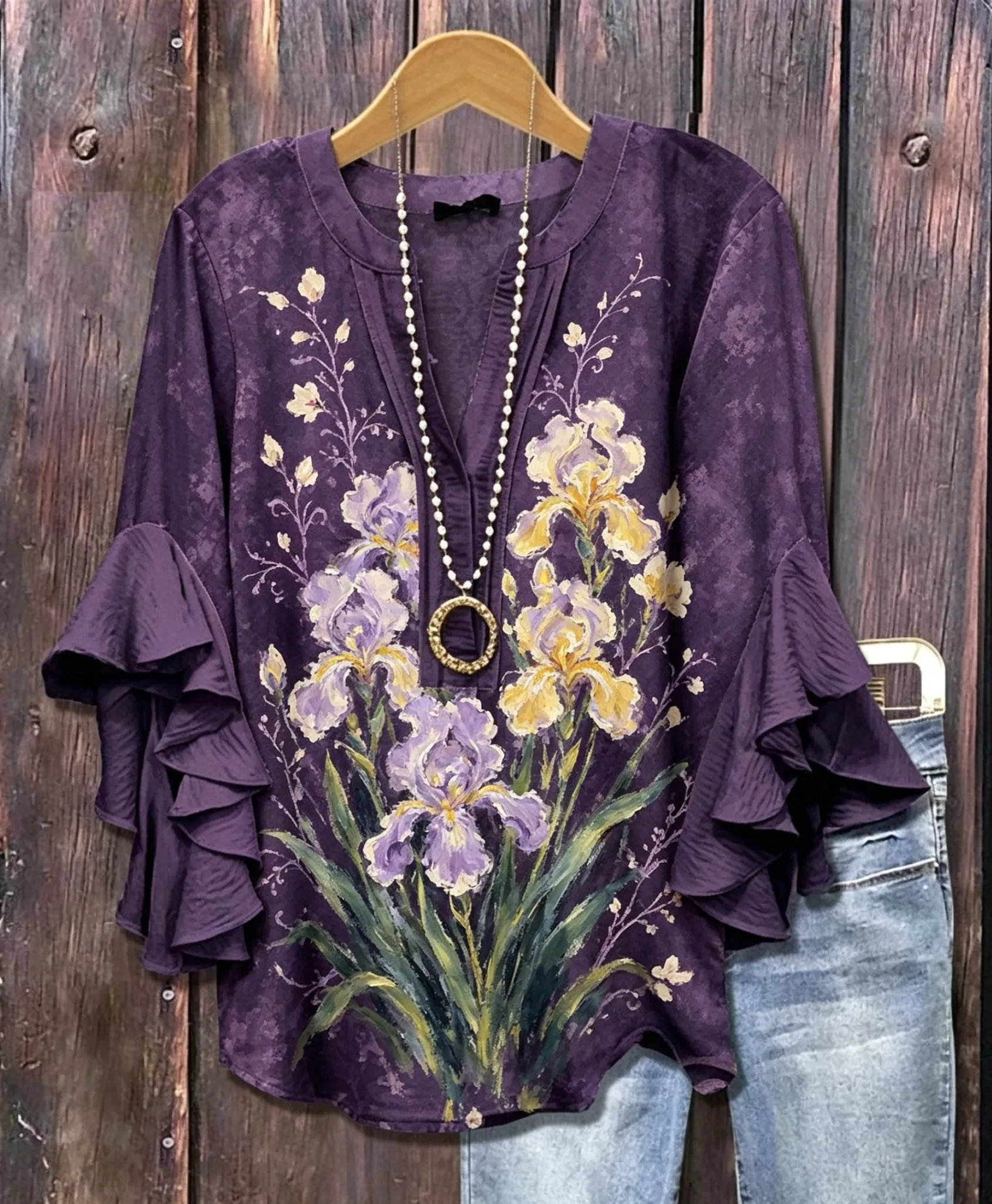 Women's Ruffle Sleeve Tropical Floral Print V Neck Casual Blouse Elegant Daily Tops for Spring Summer