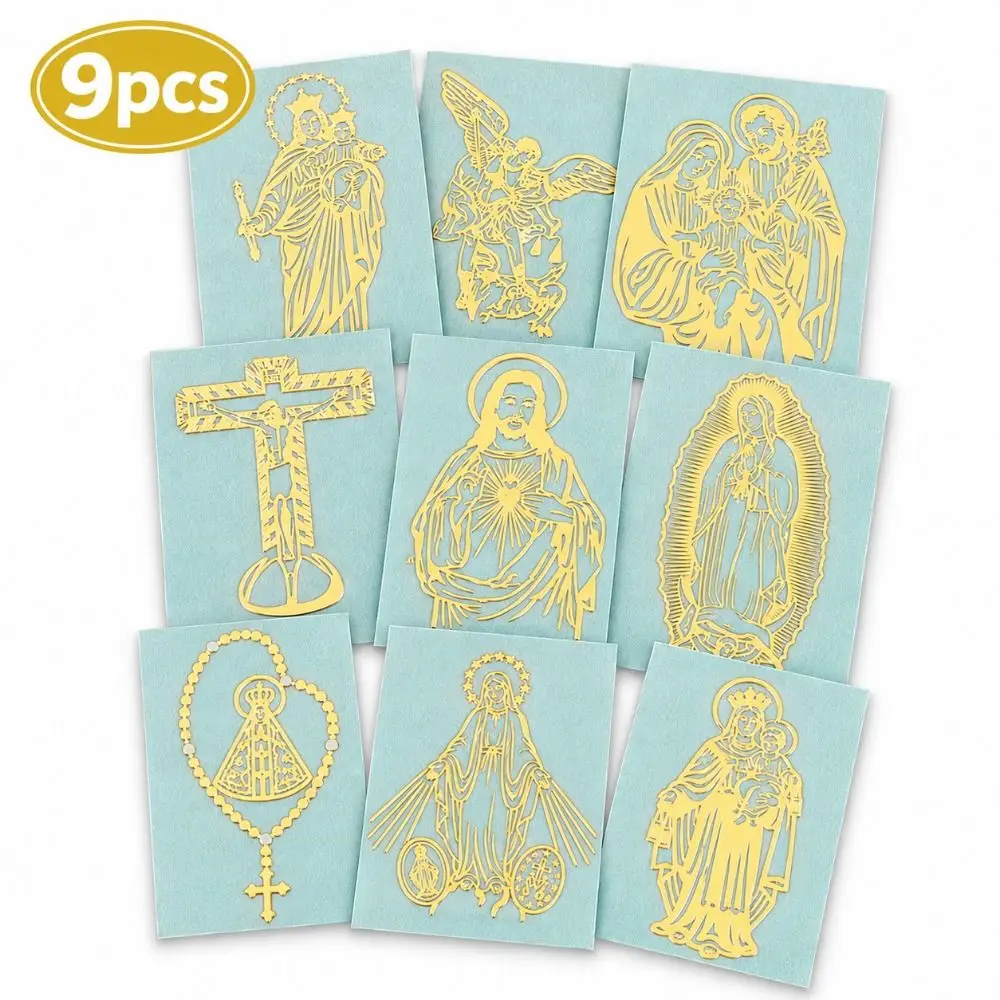9pcs Gold Color Metal Christian Stickers Self Adhesive Metal Material Self Adhesive Stickers Delicate Hollow Out Design