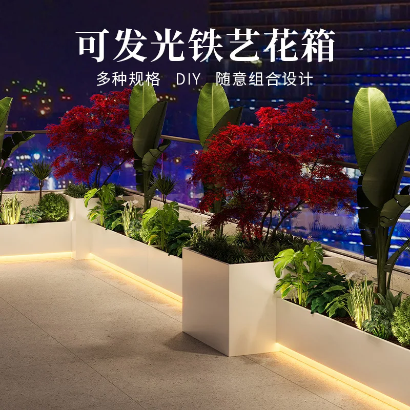 Simple luminous flower box outdoor balcony courtyard solar energy wrought iron flower box combination outer pendulum