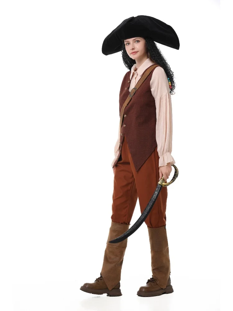 Erwachsenen-Vintage-Piratenkostüm, Gerüschte Bluse, Knopfweste, Schwarzer Dreispitz, Halloween-Bühnenauftritt, Ausgefallenes Outfit-Set – Detail 9