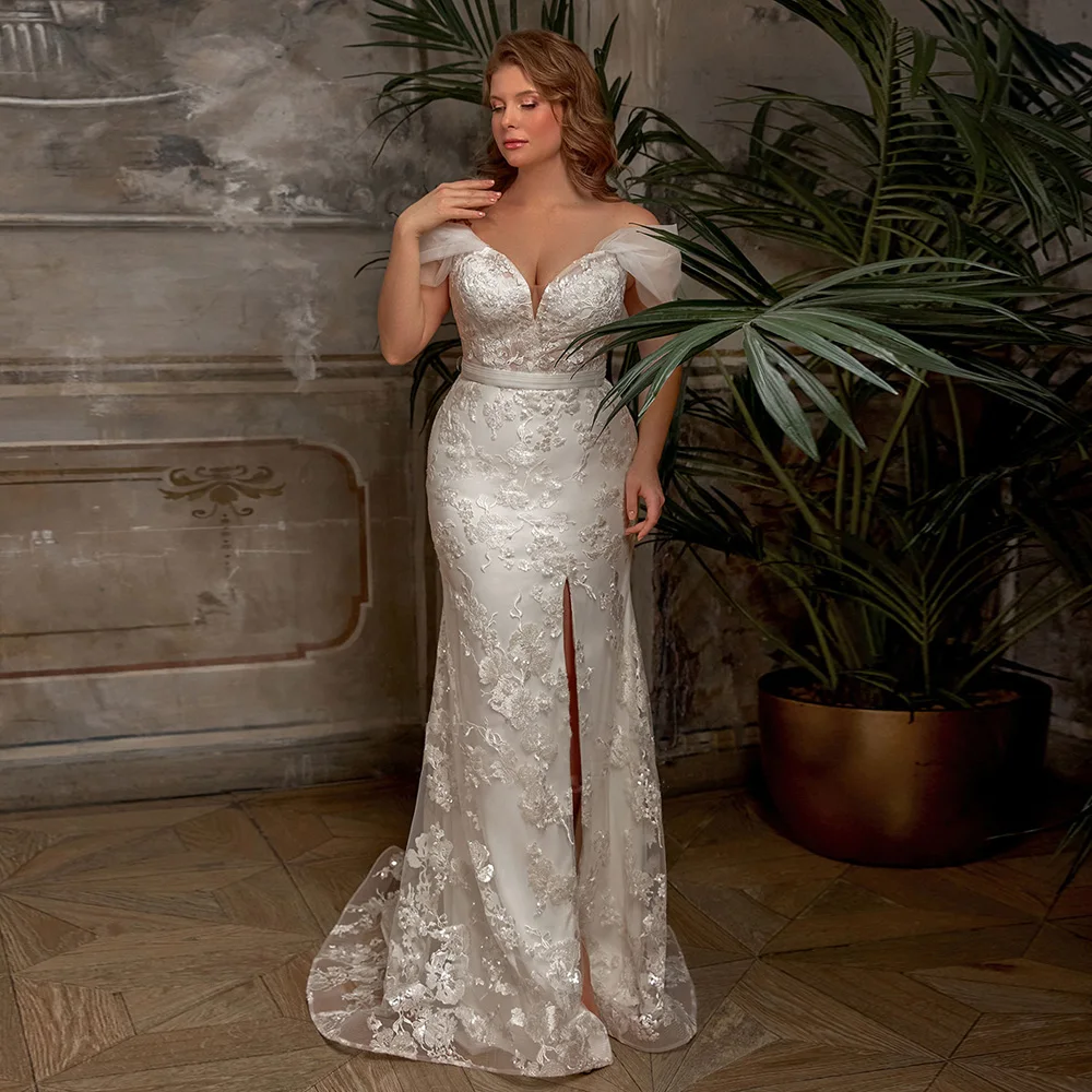 Vestido de novia brillante de talla grande, traje de novia personalizado con hombros descubiertos, cuello en V, apliques de lentejuelas, vestido de novia de sirena Mariee