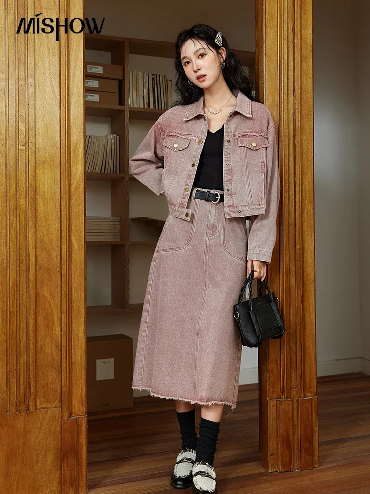 MISHOW Pink Denim Jacket Casual Skirt Separately Autumn Korean Single Breasted Polo Neck Coats Hem Slit A-line Skirt MXD44W0437