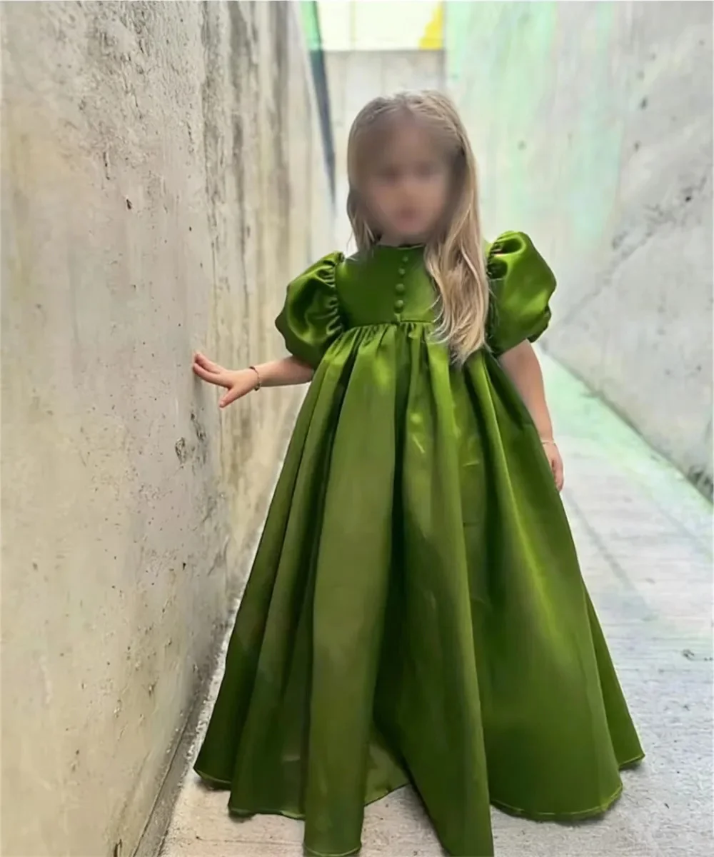 

Simply Satin Customized First Communion Gowns Short Sleeve High Waist Flower Girl Dresses For Wedding Kids Birthday Party Dress