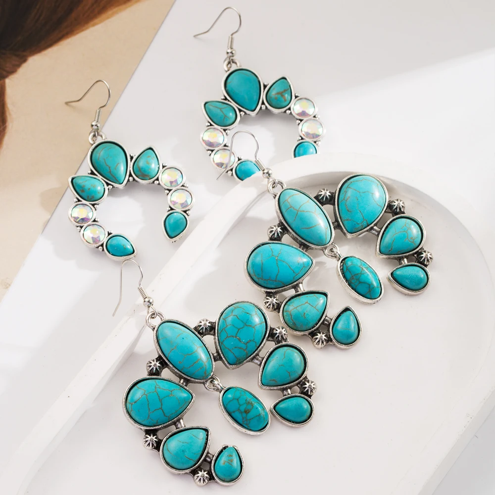 Cross Border Retro Turquoise Geometric Earrings Alloy Inlaid With Turquoise Colored Diamonds Bohemian Temperament Earrings