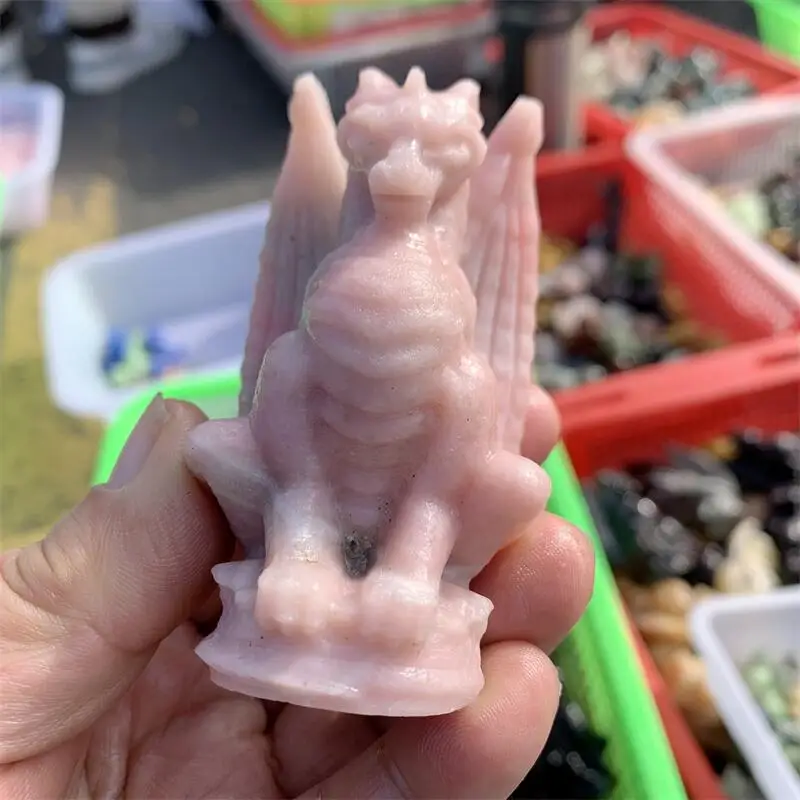 

Natural Pink Opal Dragon Carving Statues Stones Healing Fengshui Home Decoration Accessories Room Decor 1PCS