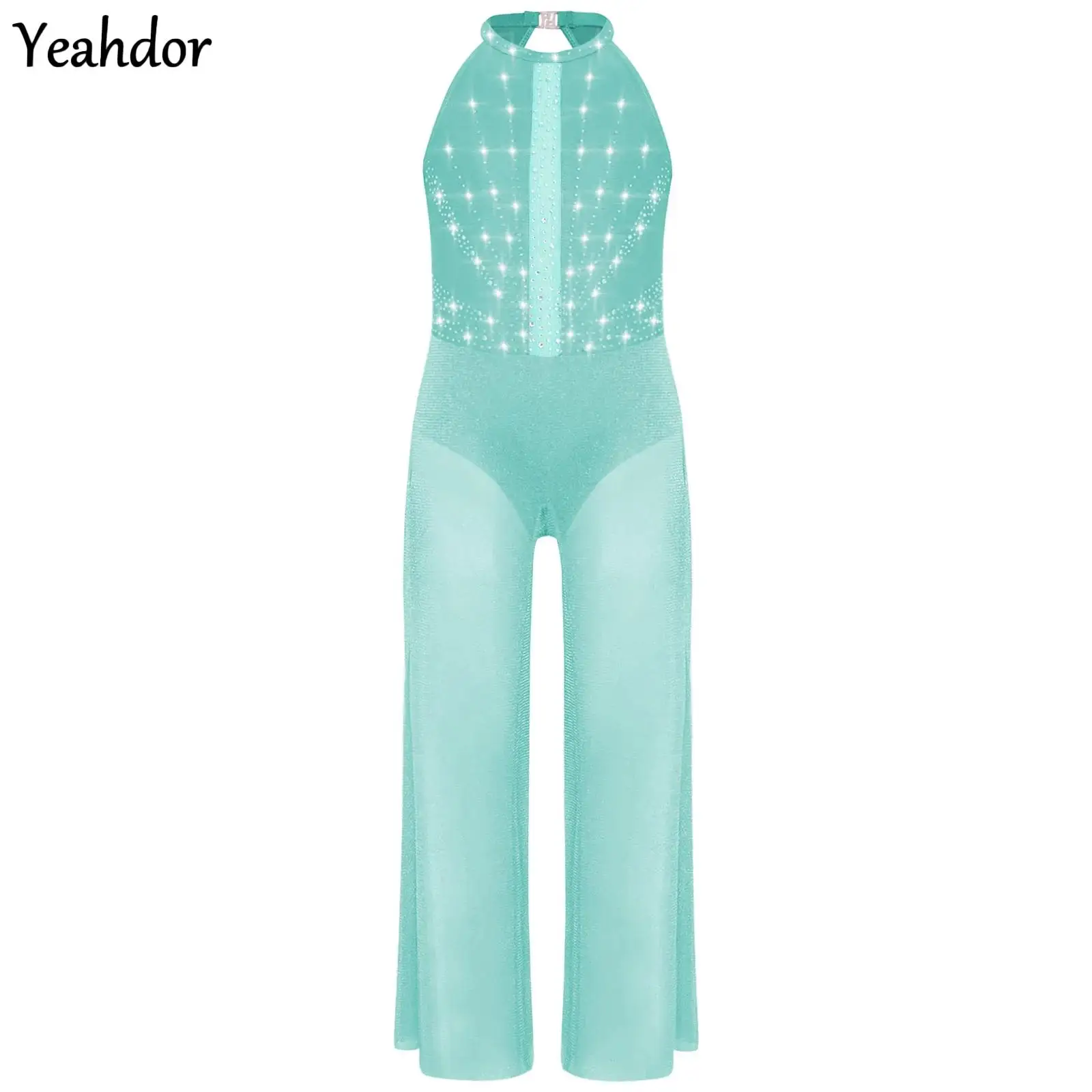 

Girls Rhinestones Shimmery Bodysuit Gymnastic Ballet Contemporary Dance Costume Sleeveless Sides Split Wide-Leg Dance Jumpsuit