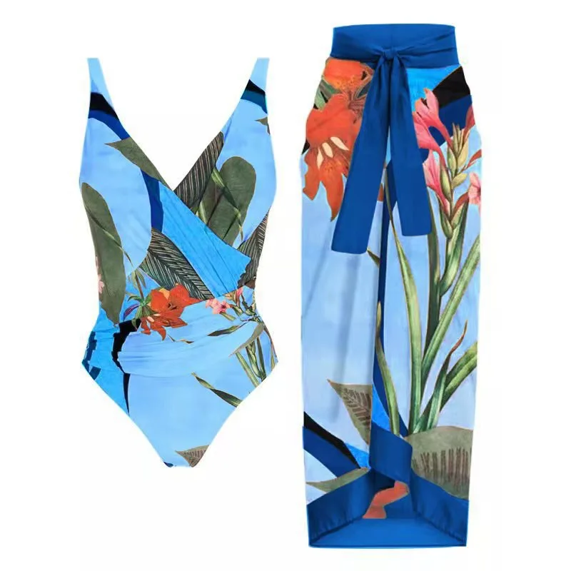Green One-Shoulder Flora Print Bikini Set Women's Brazilian Style Swimwear with Skirt 2026 Beach Bathing Suits Holiday One Piece