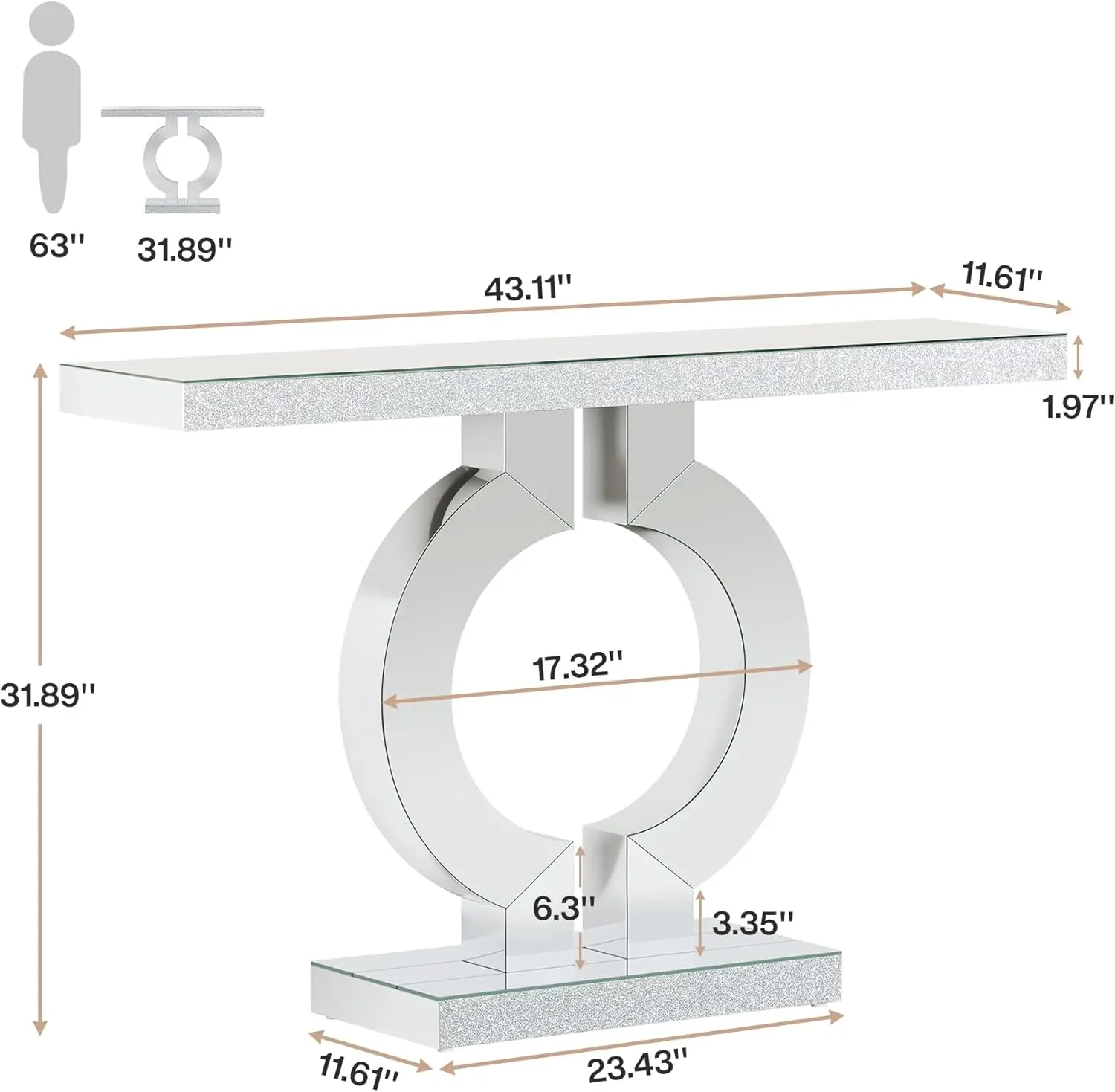 43-Inch Mirrored Console Table with O-Shaped Base, Modern Entryway Table Glass Sofa Table with Mirror Finish, Rectangle Narrow A