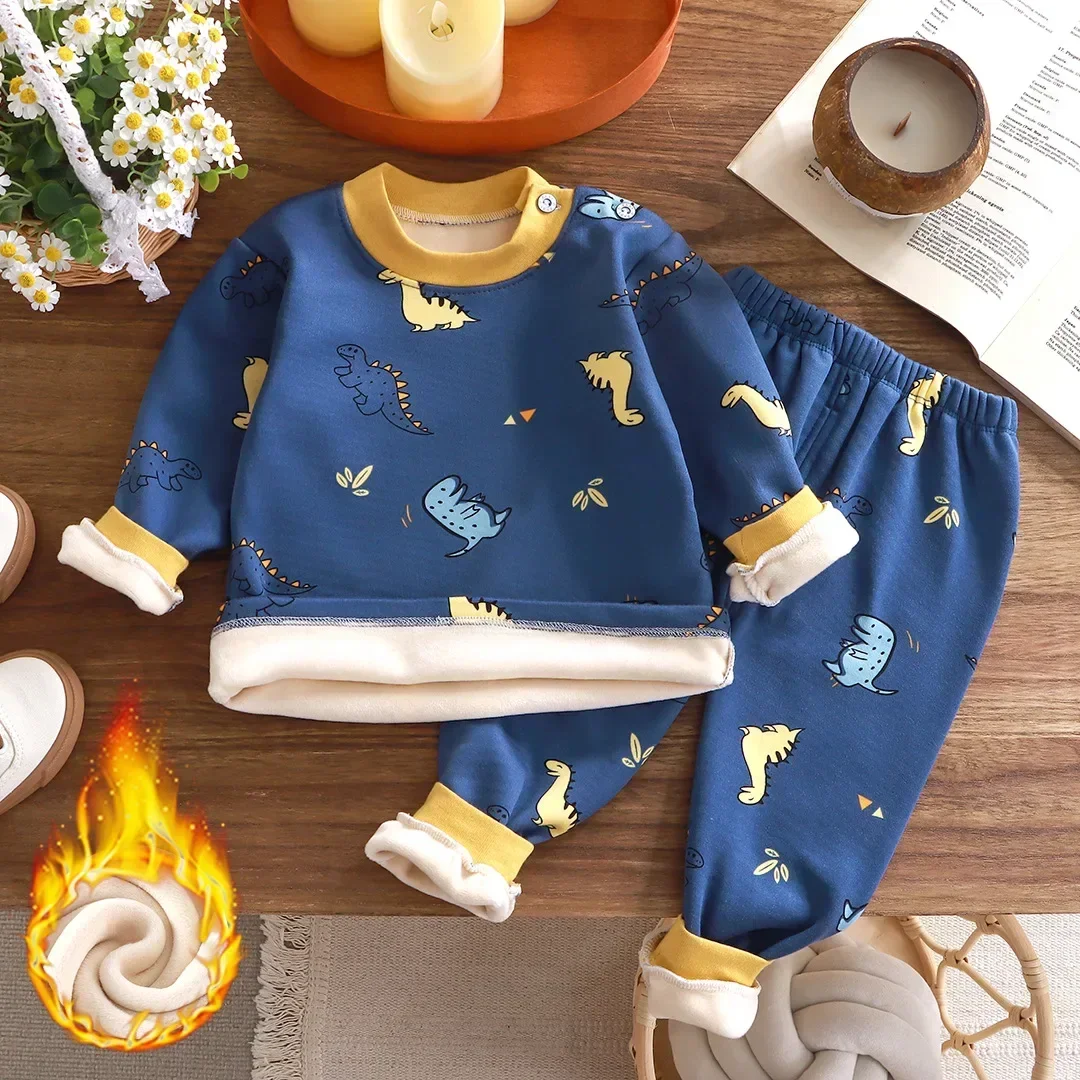 Kids Clothes Autumn Winter Cotton Warm Boys Pajamas Cartoon Flannel Thickened Long Sleeved Home Clothing Set