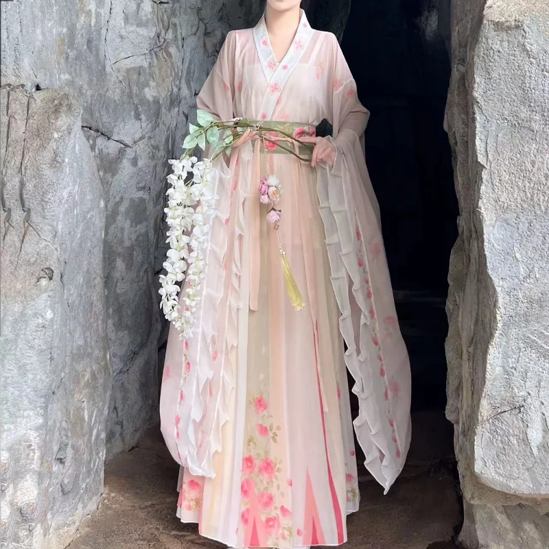 

Китайский стиль Wei Jin Hanfu костюм женский традиционный элегантный цветочный принт сказочный халат косплей сценический танцевальный костюм 2025