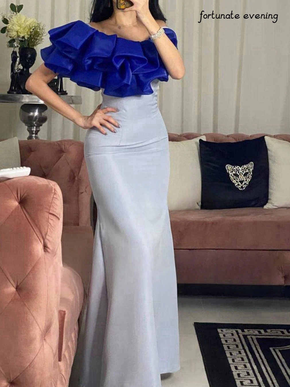 Fortunate Evening Elegant Vintage Mermaid Ruffle Blue One Shoulder Customized Formal Occasion Prom Dress Evening Party Gowns