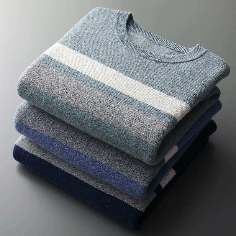 100% merino cashmere sweater in autumn / winter thickened men's round neck contrast jacquard long sleeve business casual sweater