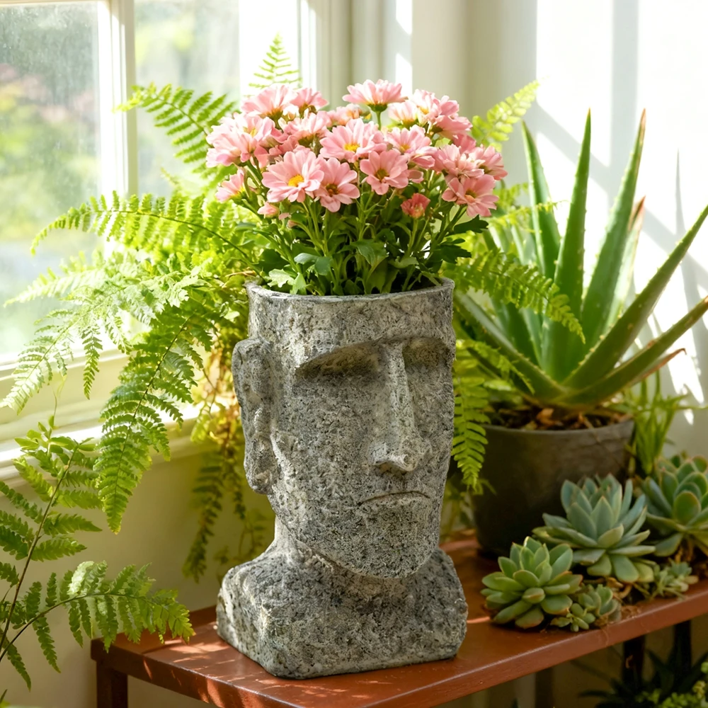 Artistic Plant Container Gray Abstract Face Pot Resin Construction Stone Face Pattern Lifelike Facial Expression
