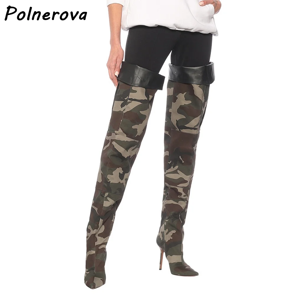 

Camouflage Thigh High Boots Thin Heels Slip On Pocket Pointy Toe Winter Slouch Pleated Shoes Women Fashion Patchwork Long Boots