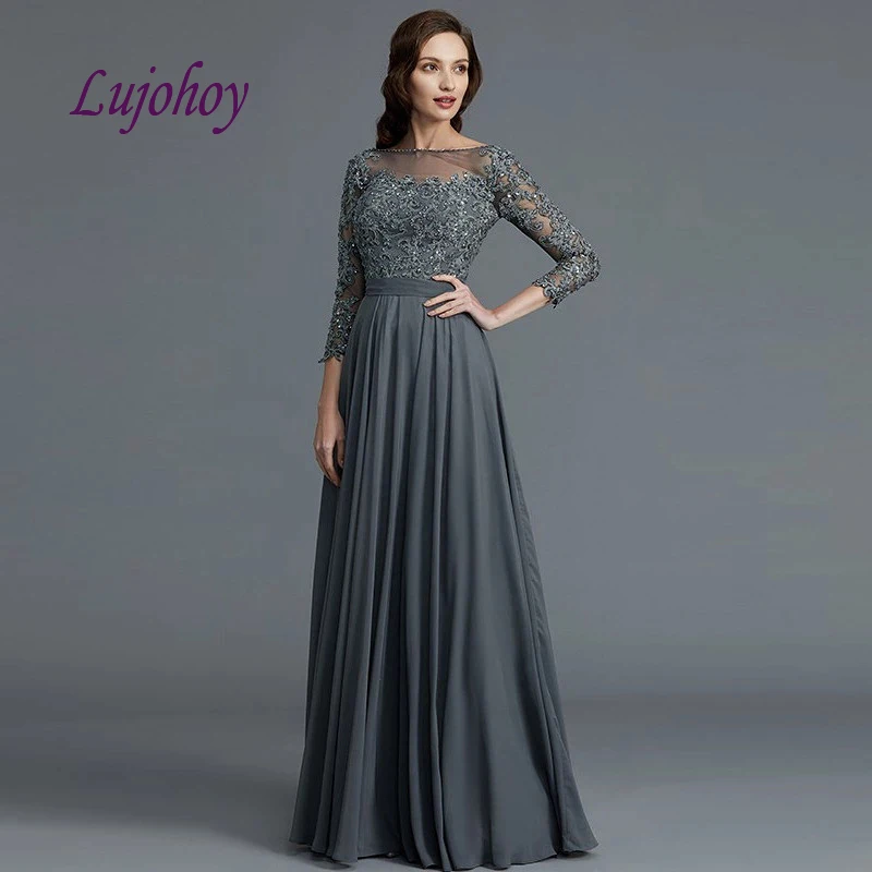 

Sexy Grey Long Sleeve Lace Mother of the Bride Dresses Plus Size for Weddings Formal Godmother Groom Dinner Dresses Gown