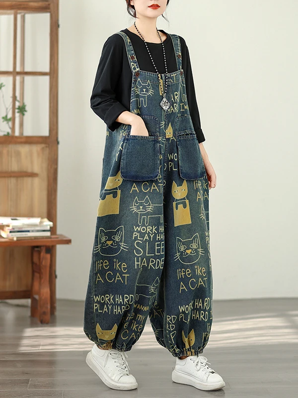 Mono vaquero para mujer Thiened Fce Casual Harajuku holgado estampado artístico pantalones de papá cintura alta mezcla de algodón y poliéster