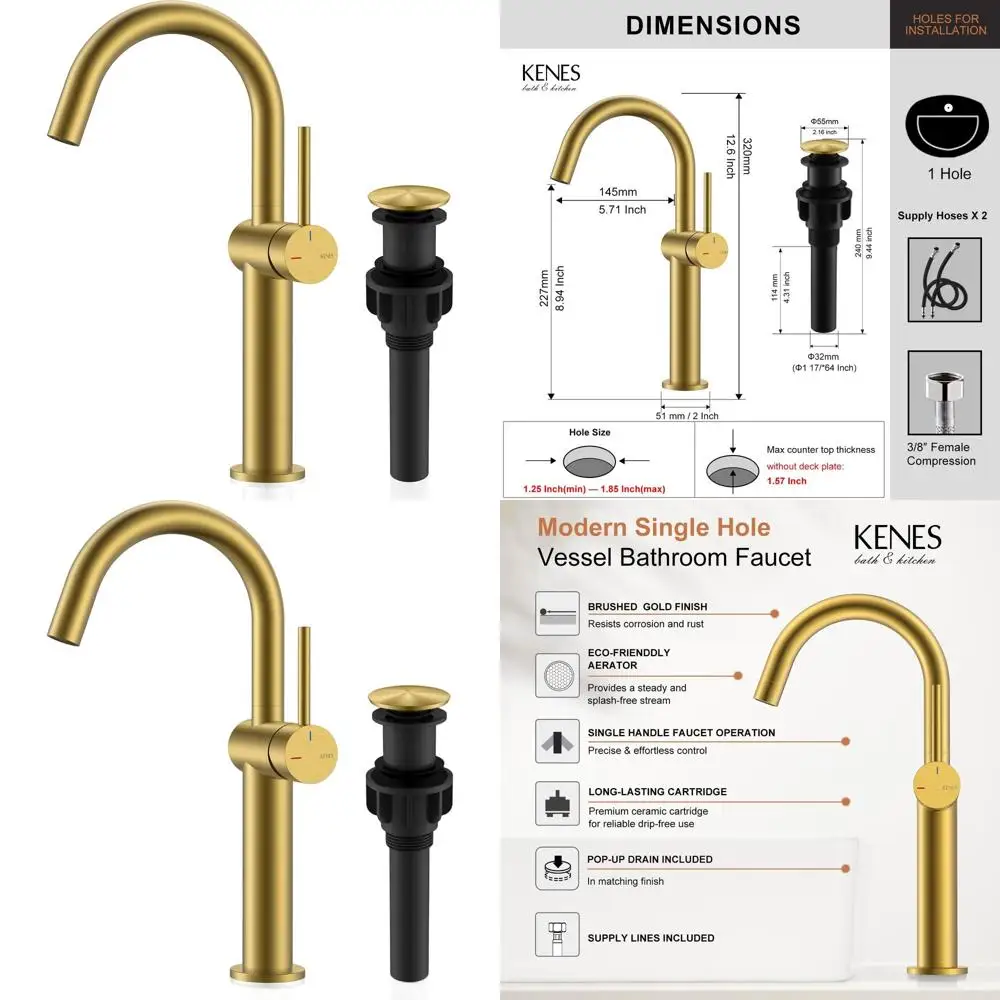 

Modern Single-Handle Brushed Gold Vessel Sink Faucet with Pop-Up Drain and Supply Lines, KE-9005C-4