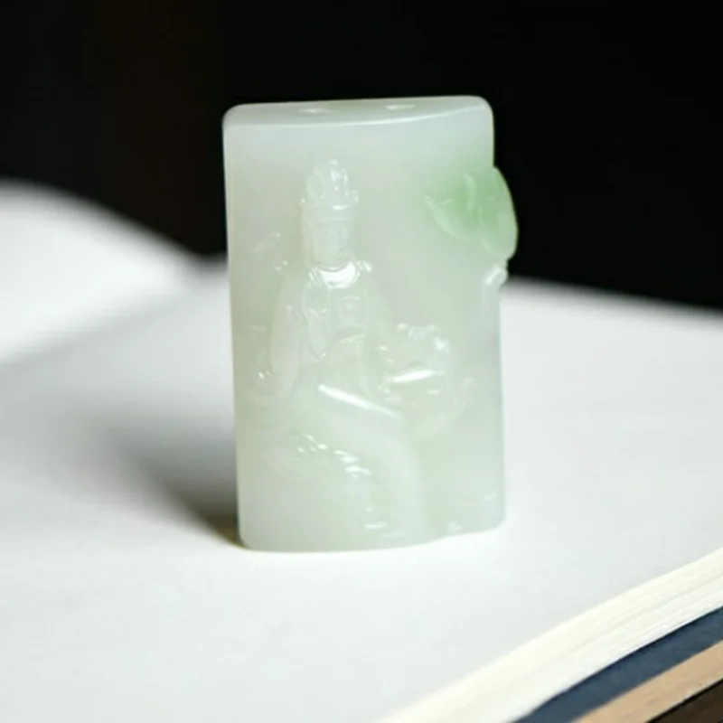 Xuanmei Qinghai Cuiqing Guanyin Hand Handle Jade Pendant