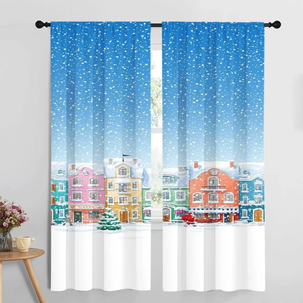 Cute Christmas Village Window Curtain Blue Sky Snowfall Festive Home Decor Curtain Panels