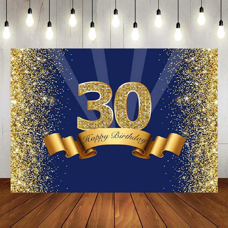 Feliz 30o aniversário partido fotografia fundo, azul marinho, fundo do ouro do brilho, banner brilhante, decoração do cartaz