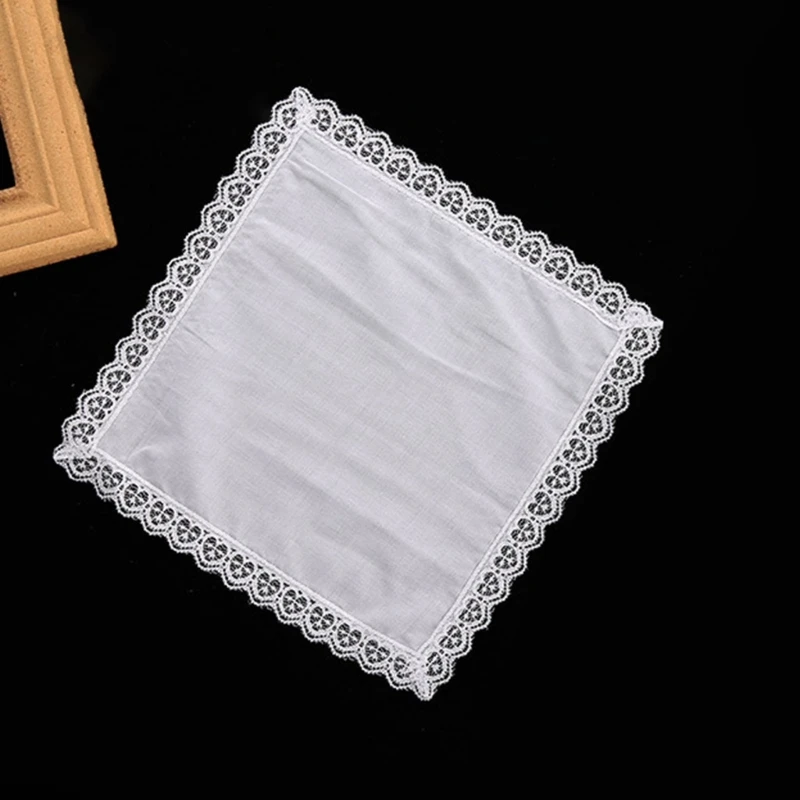 F42F 23x25cm Men Women Cotton Handkerchiefs Solid White Hankies Pocket Lace Trim Towel Diy Painting Handkerchiefs for Woman