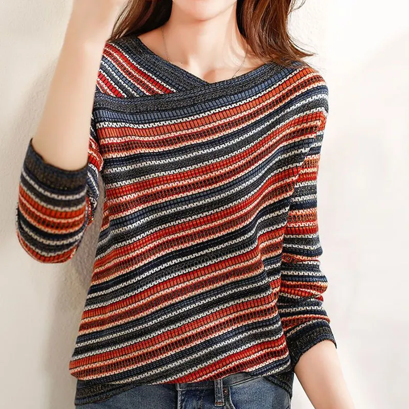 Weibliche Kleidung Vintage gestreifte Pullover Kontrast farben lässig V-Ausschnitt asymmetrisch Frühling Herbst gerade gestrickt T-Shirt