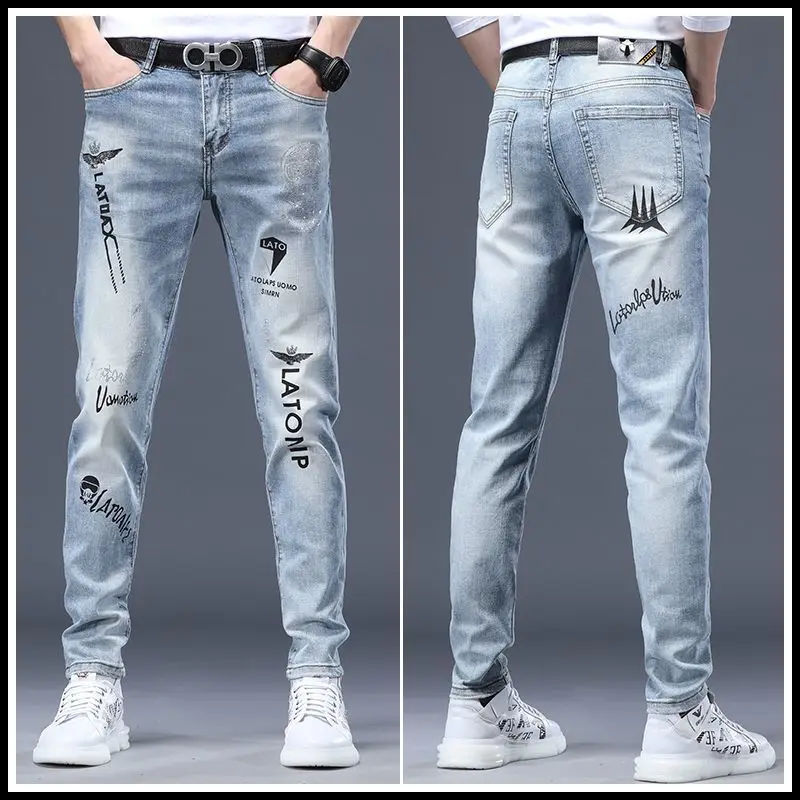 Luxury Brand ClassicTrendy Men's Designer Jeans for Korean Fashion Slim Stretch Printed Design Rhinestones Cowboy Denim Trousers