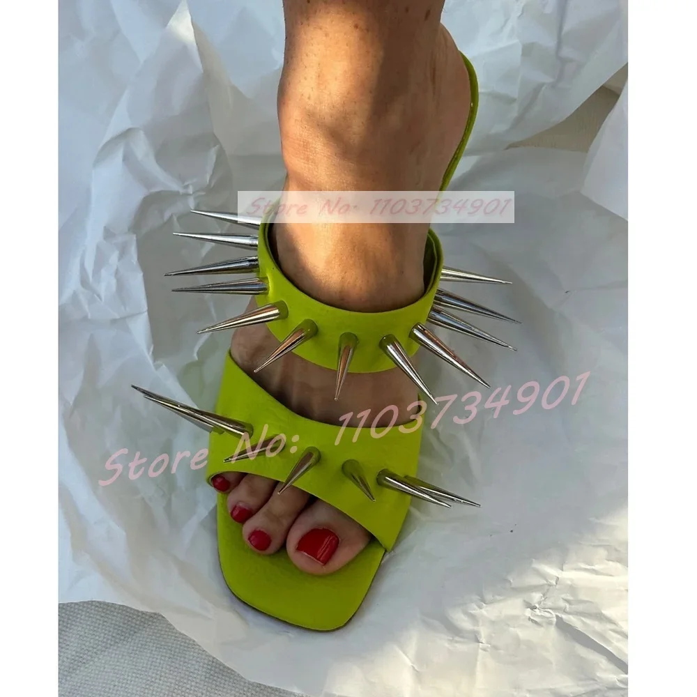 Green Metal Rivets Square Toe Slippers Lady Punk Patent Leather Thin High Heels Mules Female Fashion Nifty Chic Leopard Slippers