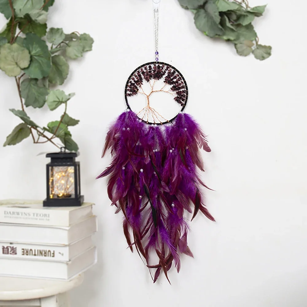 Purple Suzuki Tree of Life Dream Catcher Handmade With Feather Healing Crystal Stone Beads Bedroom Home Decor Hanging Ornament