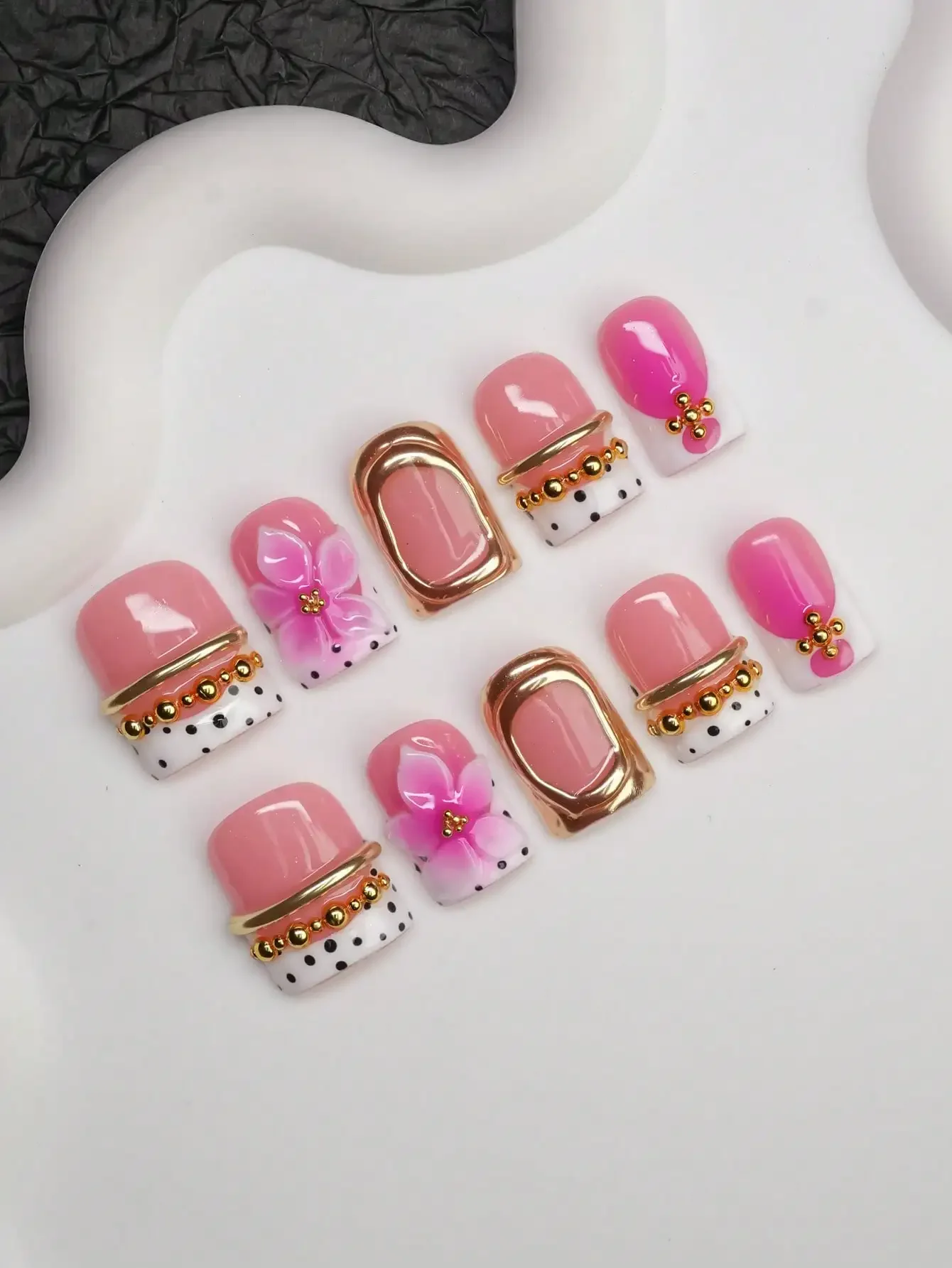 

10pcs Square Shaped Handmade Nail Tips, Y2K Baddie Style, Nude, White, Gold, Pink Colors With French Edge, Carved Patterns,