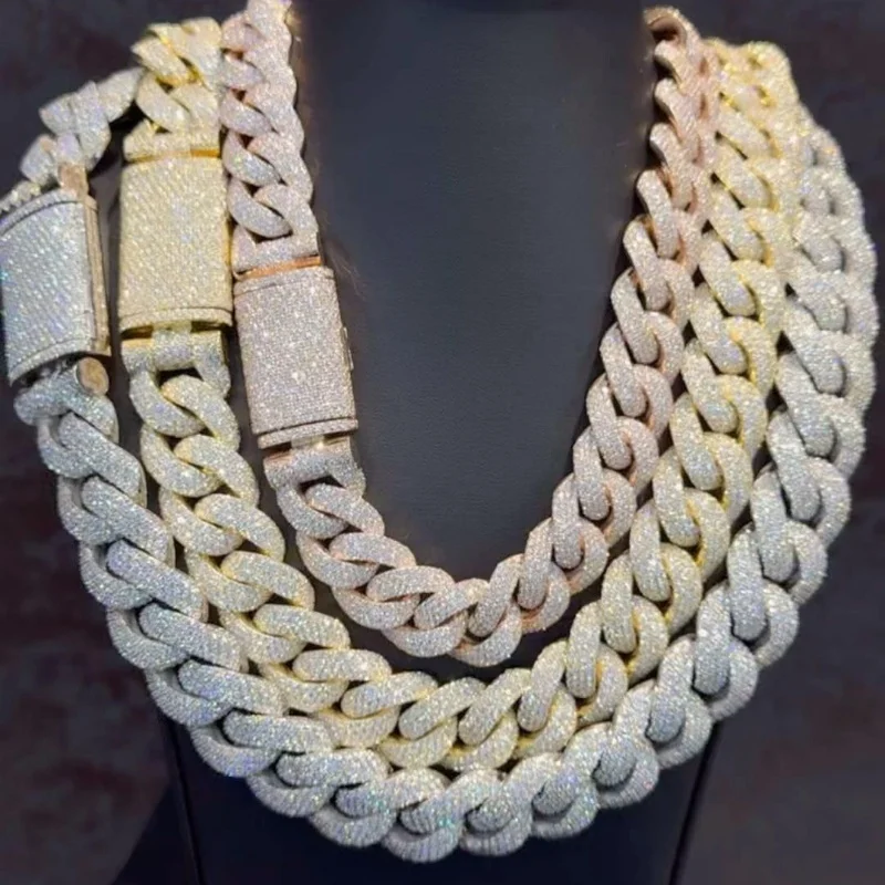 

20MM Iced Out Hiphop Rock Gold Plated Necklaces 925 Sterling Silver Sparkling VVS Moissanite Cuban Link Chain