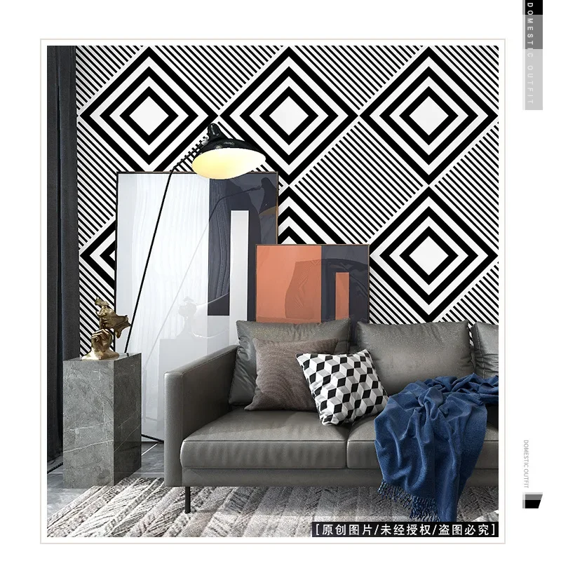 Black and white square wallpaper geometric pattern simple modern bedroom living room background wall plaid stripe wallpaper
