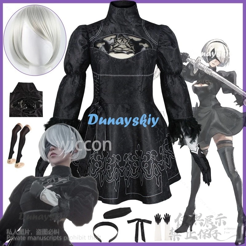 Anime Nier Automata Gioco Yorha 2B Cosplay Goth Costume Lolita Abito nero Parrucca per ragazze Halloween Festa di Natale Cos Personalizzato