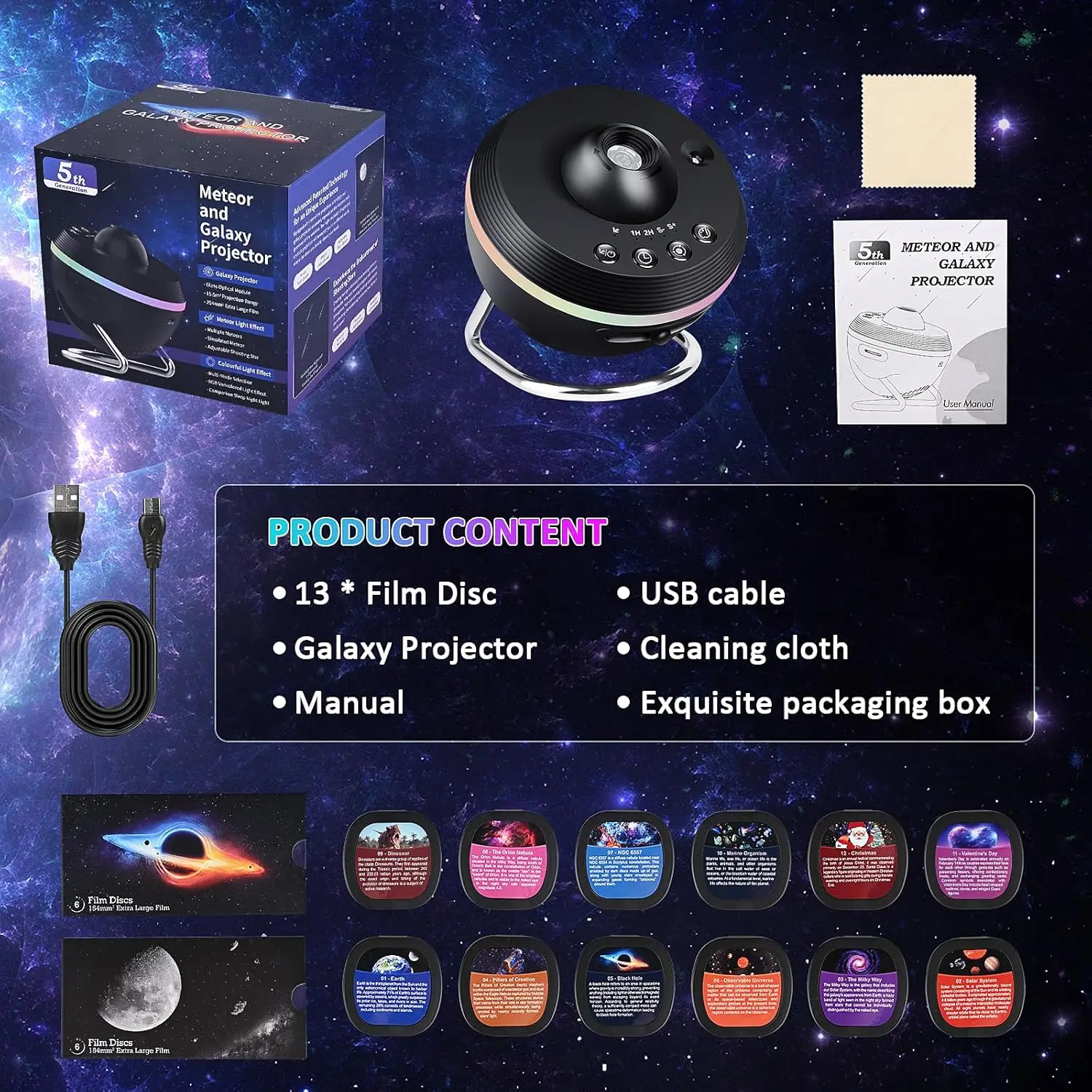 Imagem -03 - Meteoro Night Light Projector Galaxy Projetor Girar Bola Espacial Ultra Claro Planetário Decoração do Quarto 13 em 1