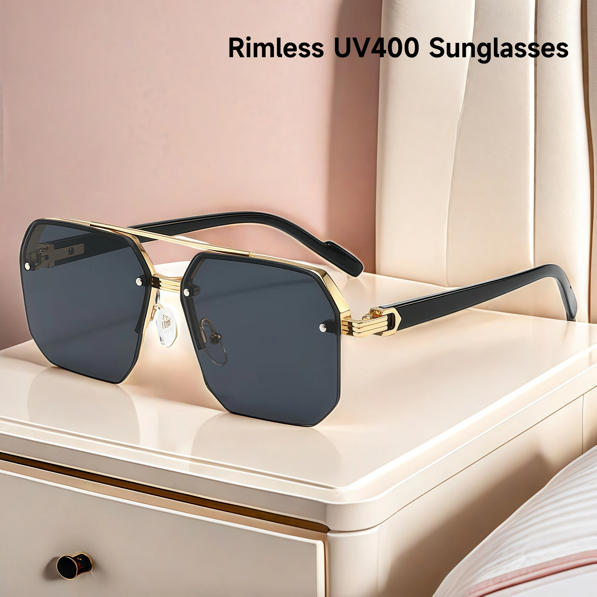 High Quality Rimless Men Sunglasses UV400 Square Double Bridge Eyewear Sun Glasses