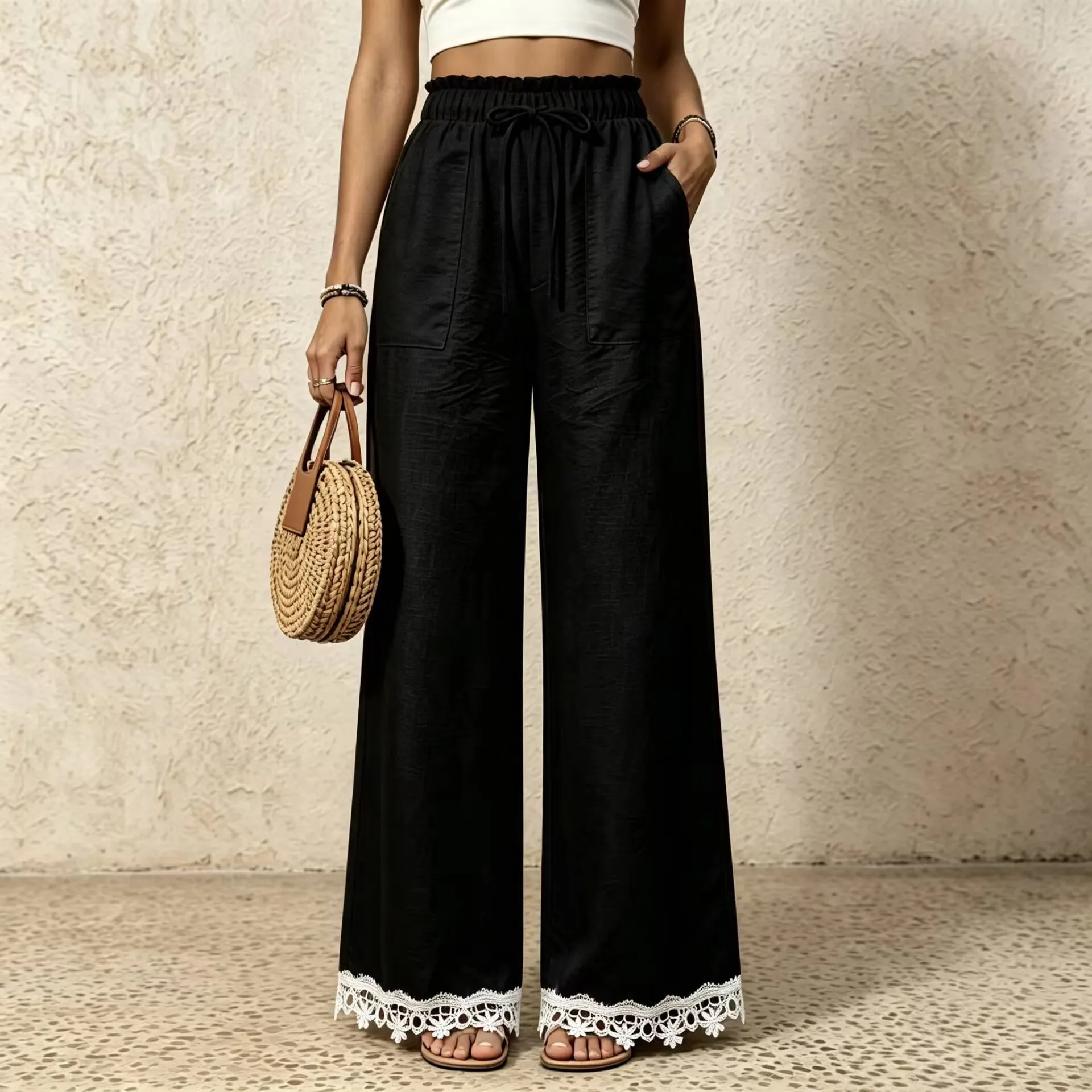 Fashionable Autumn Winter Straight Pants Solid Color Simple Casual Resort Style Drawstring Mid-waist Lace Wide-leg Trousers