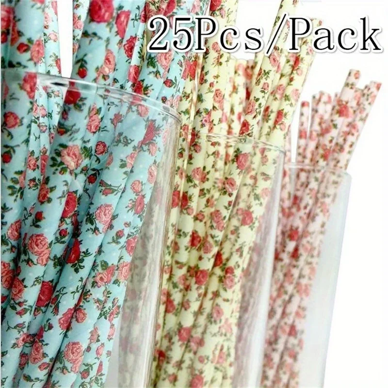 Neue 25-teilige Trinkpapier-Strohhalme mit Rosenblüten, 3 Farboptionen für Geburtstag, Hochzeit, Party, Dekoration, Geschenk, Basteln, DIY-Geschenk