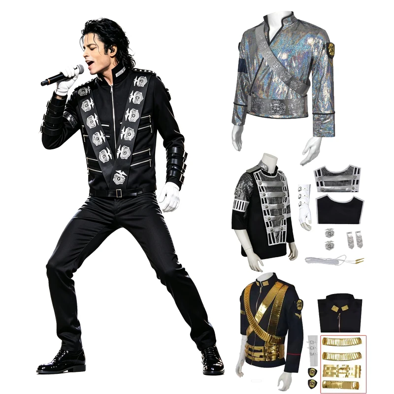 Veste de cosplay Michael Jackson noire avec ceinture dorée pour Pâques, Carnaval, Halloween, claquettes, danse MJ, déguisement de carnaval fantaisie