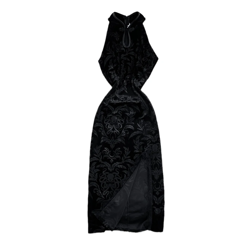 Vestido qipao estilo vintage longo de veludo, verão, pescoço pendu, exposição de ombro, cintura alta, saia linha a, estil...